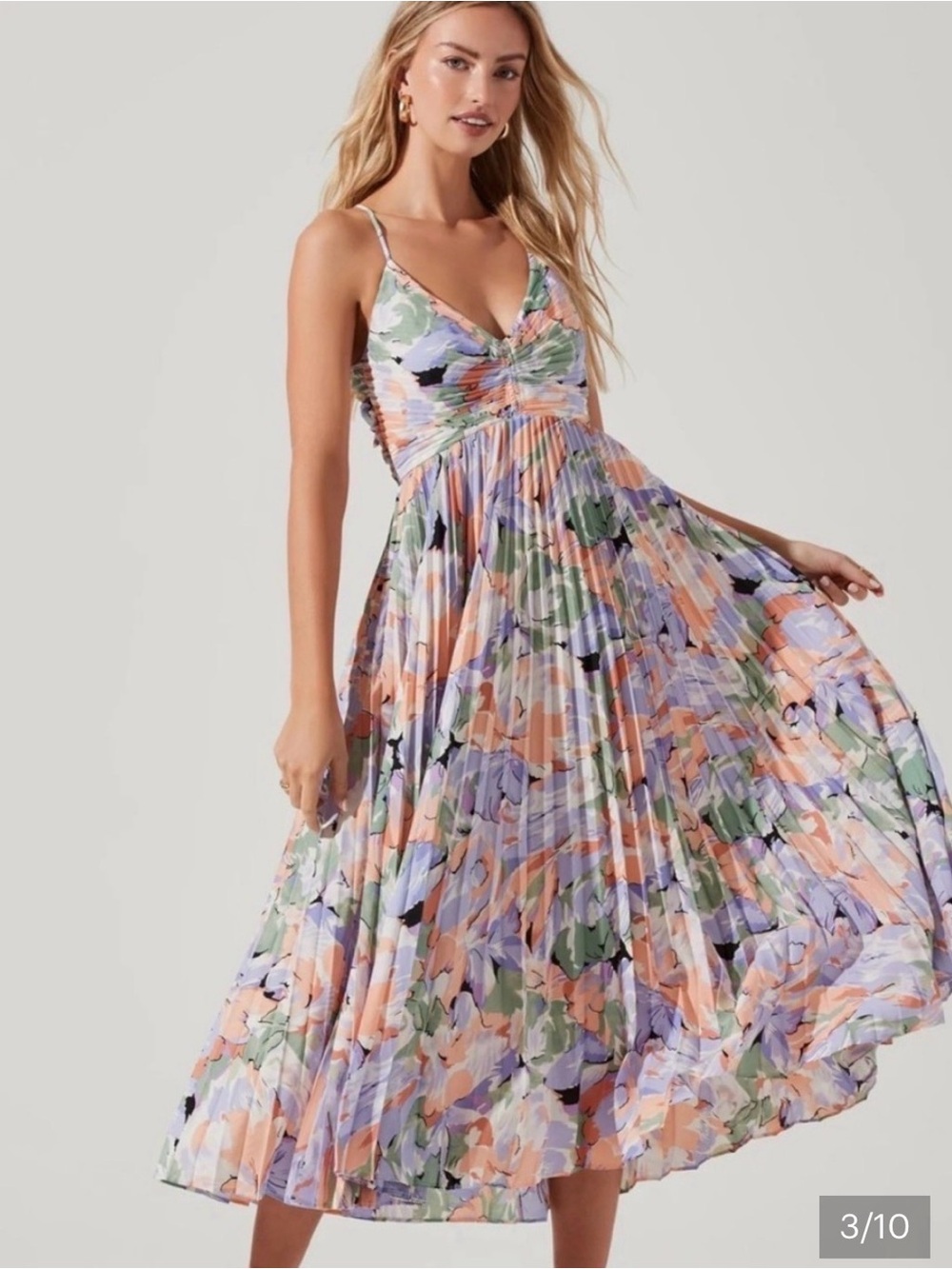 Astr Floral Pleated Midi Dress in Lavender, Peach, Green - Picture 2 of 10